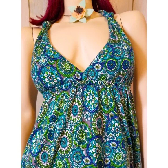 Vintage 90s Groovy Floral Print Babydoll Coquette Halter Mini Dress - Picture 2 of 7